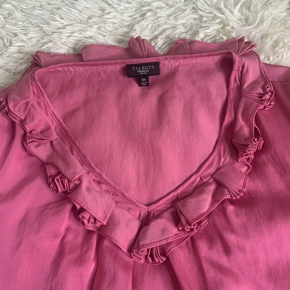 Talbots Blouse Silk Blend Ruffle Neck Size 10p Pink Cap Sleeve - Picture 6 of 11